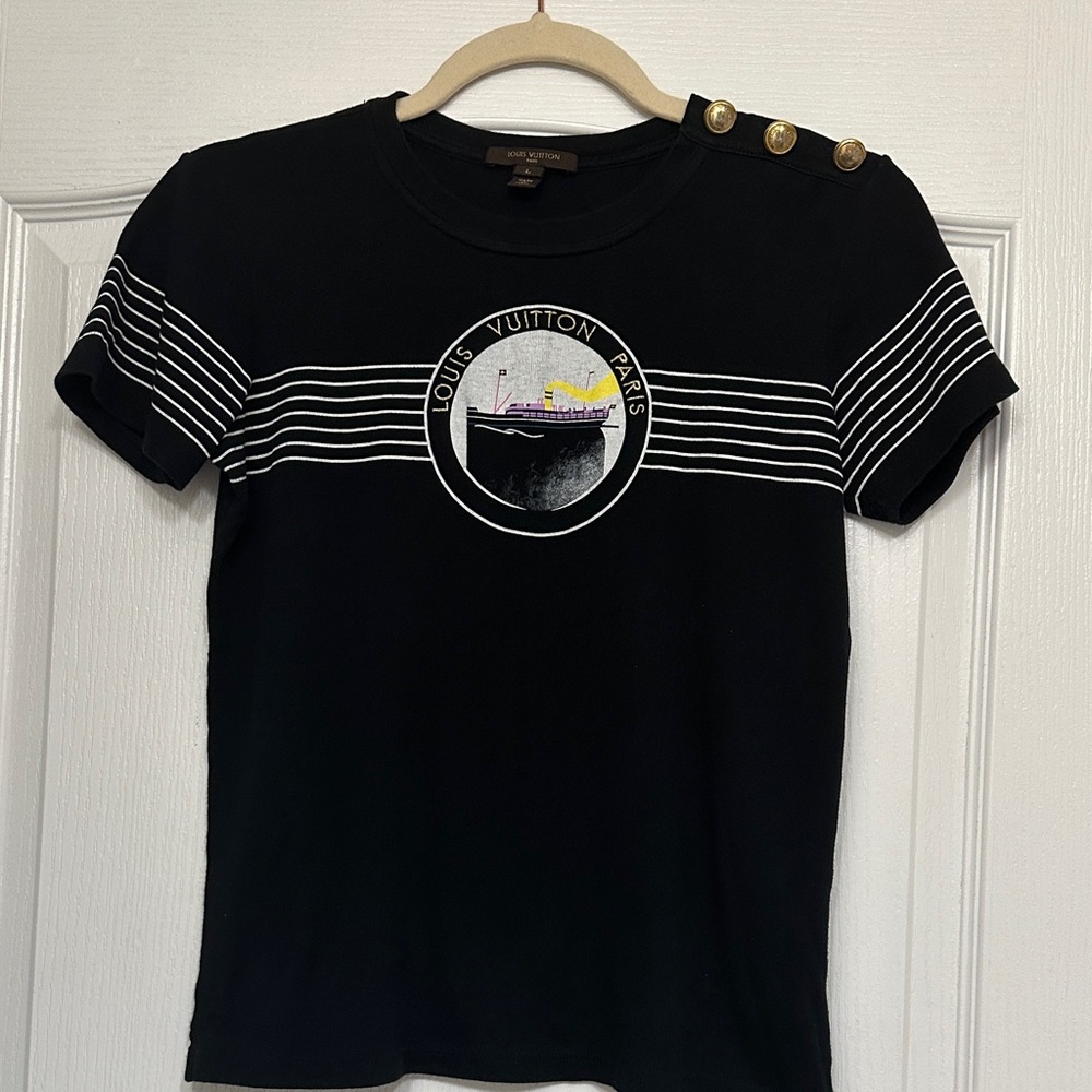 Louis Vuitton Black Tee with Gold Button Detail